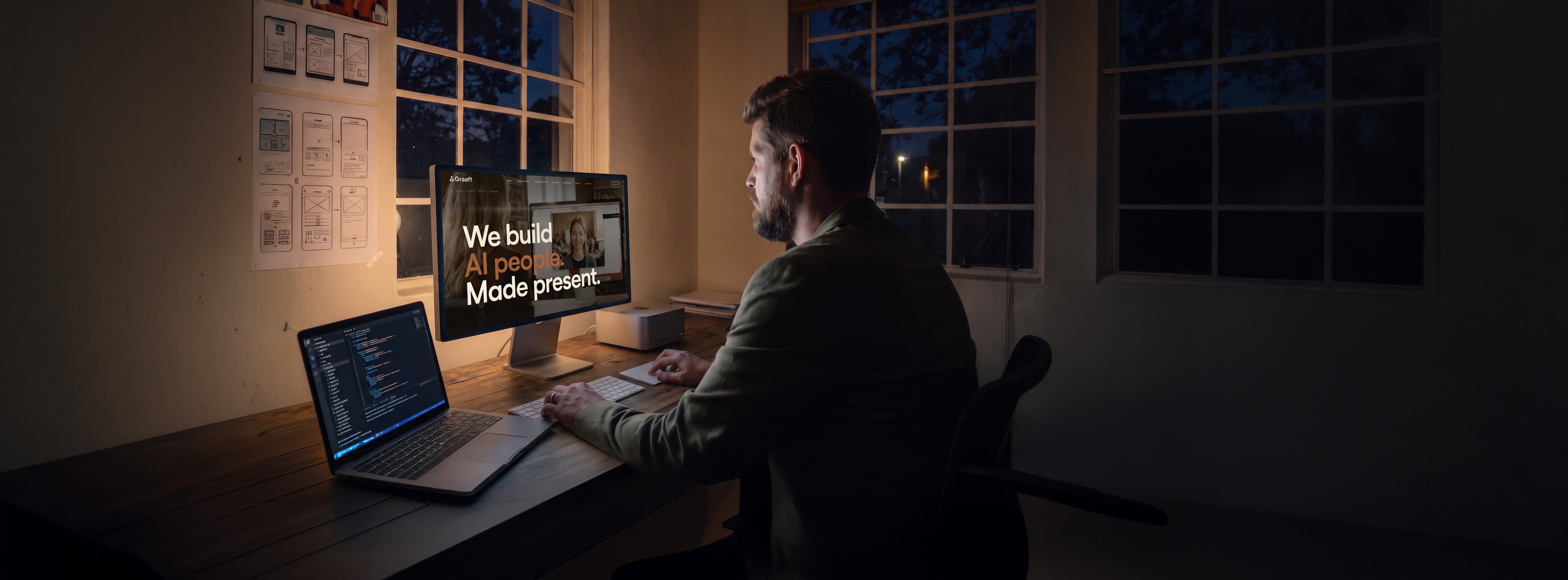 A designer at his desk in a studio at night, seen from the side, lit by the large display in front of him. The Graaft home page is open on it, the line We build AI people. Made present. over a photograph of two people talking. An open laptop showing code sits beside the keyboard, printed wireframes are pinned to the wall behind, and two paned windows look out on the dark.