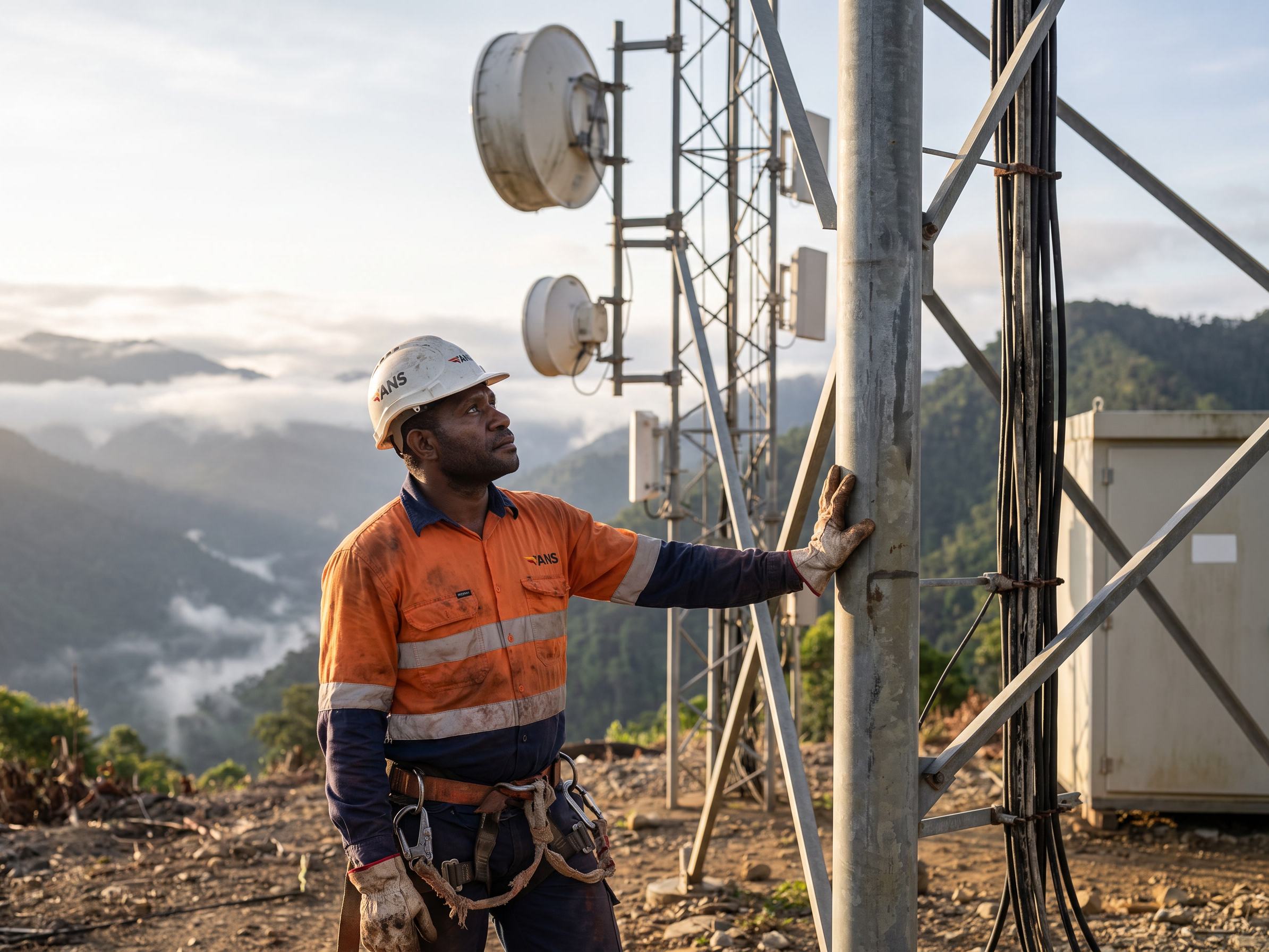 An ANS technician at a hilltop communications tower in the Papua New Guinea highlands at dawn.