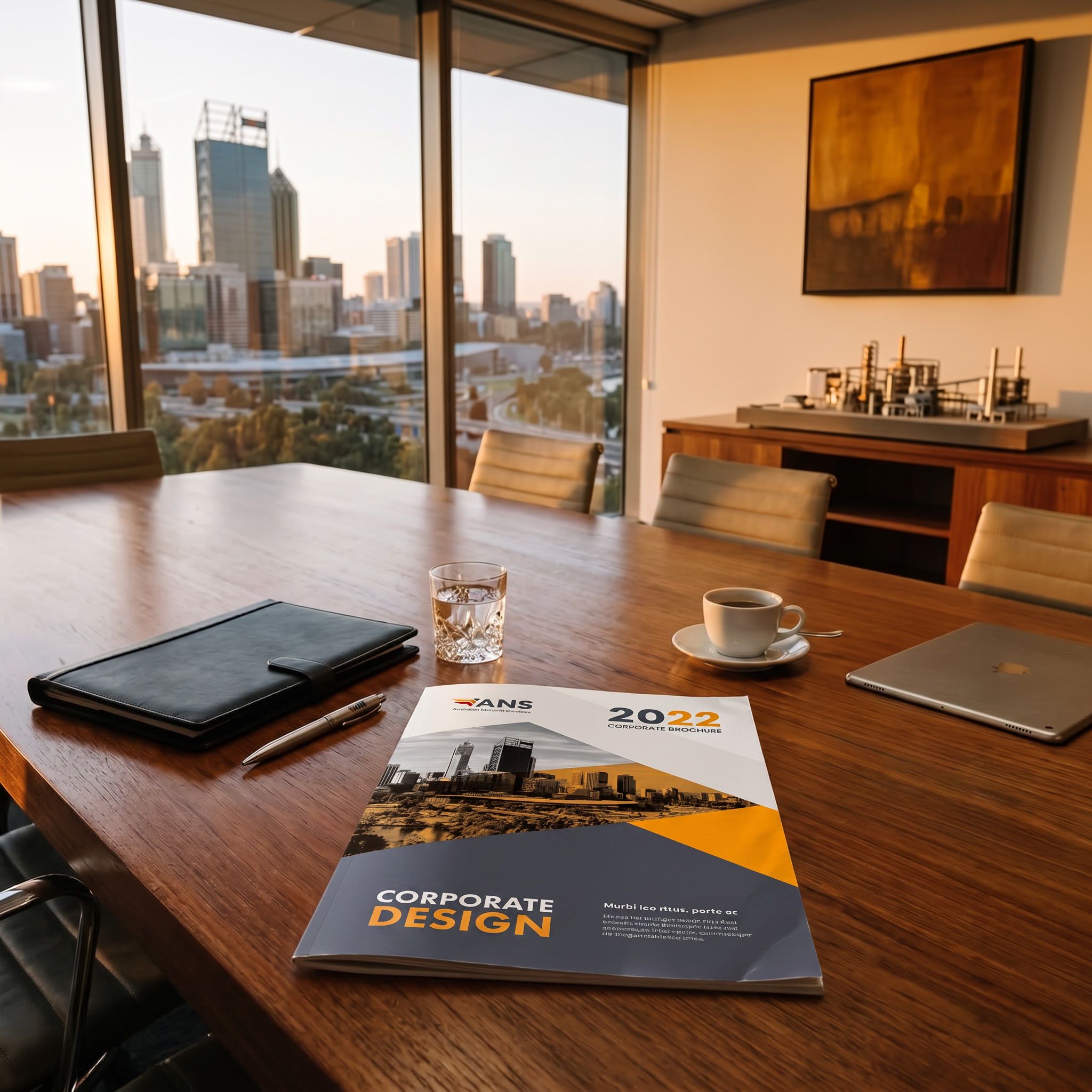 The ANS 2022 corporate brochure on a boardroom table, the Perth skyline through the window at golden hour.