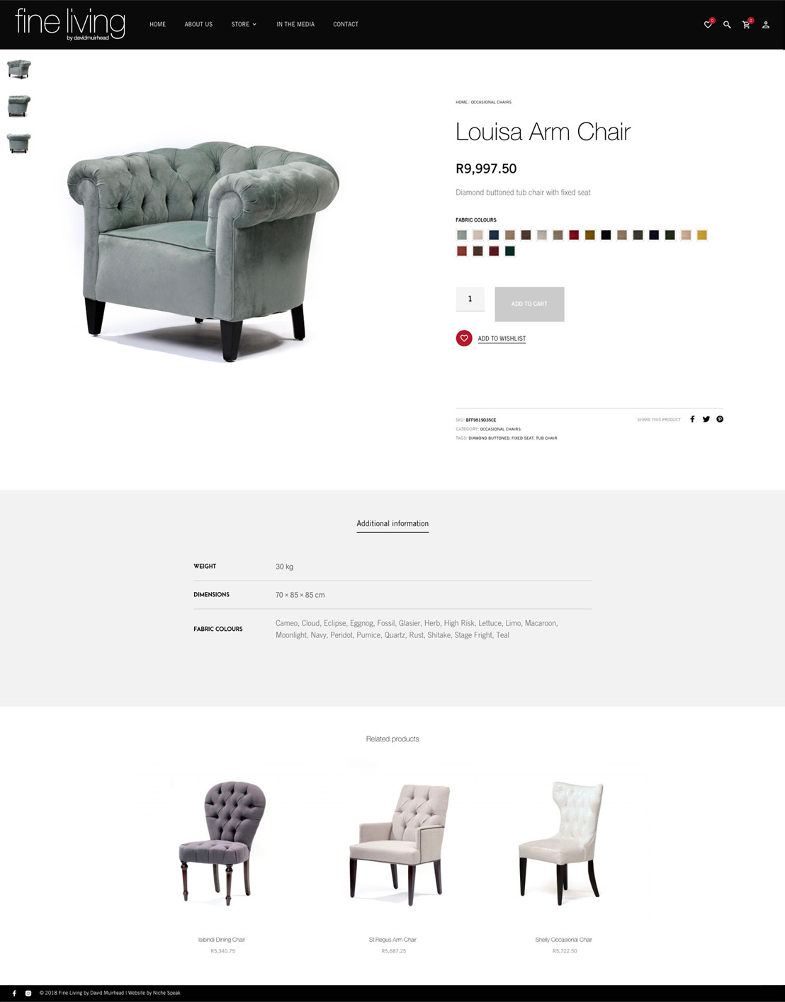 Product detail. Louisa Arm Chair, fifteen fabrics.