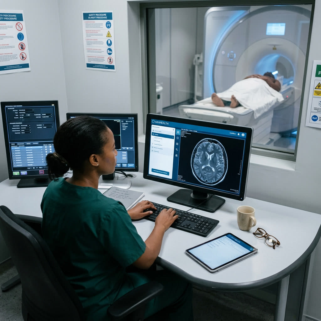 A radiographer at a reporting console reviewing brain scans, a CT scanner through the window behind.