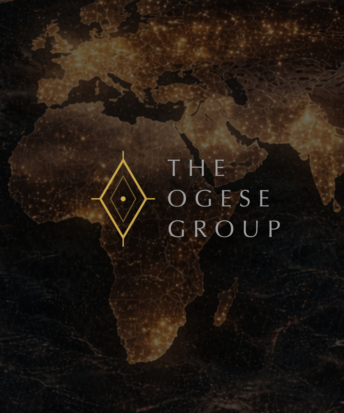 The Ogese Group wordmark in gold, centred over Africa on a dark world map traced with city lights.