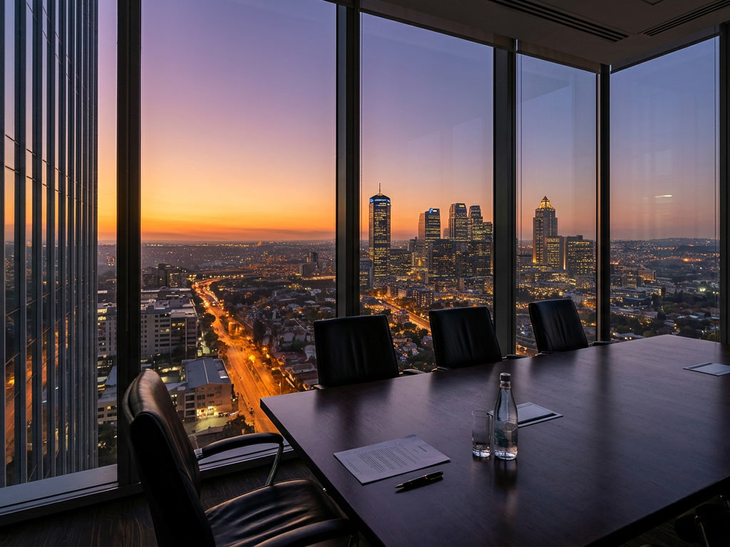 A high-floor boardroom at sunset, Ogese Group papers laid along the table.