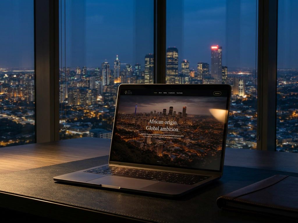 The Ogese Group site open on a laptop at night, a lit city skyline through the window behind it.