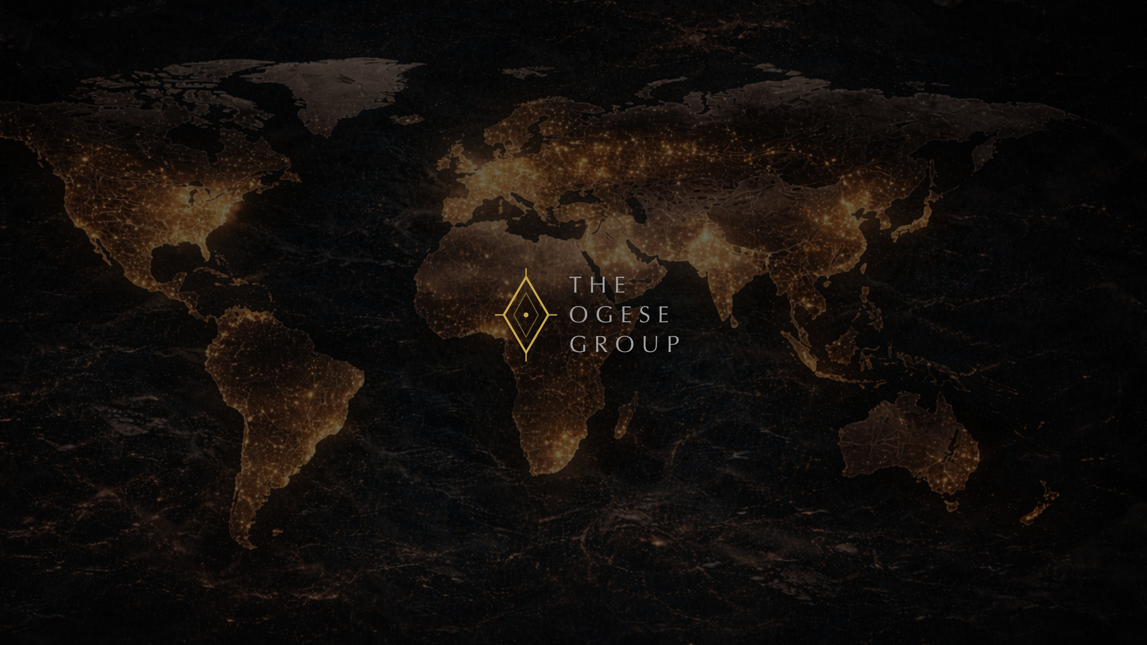 The Ogese Group wordmark in gold serif capitals over a dark world map traced with city lights.