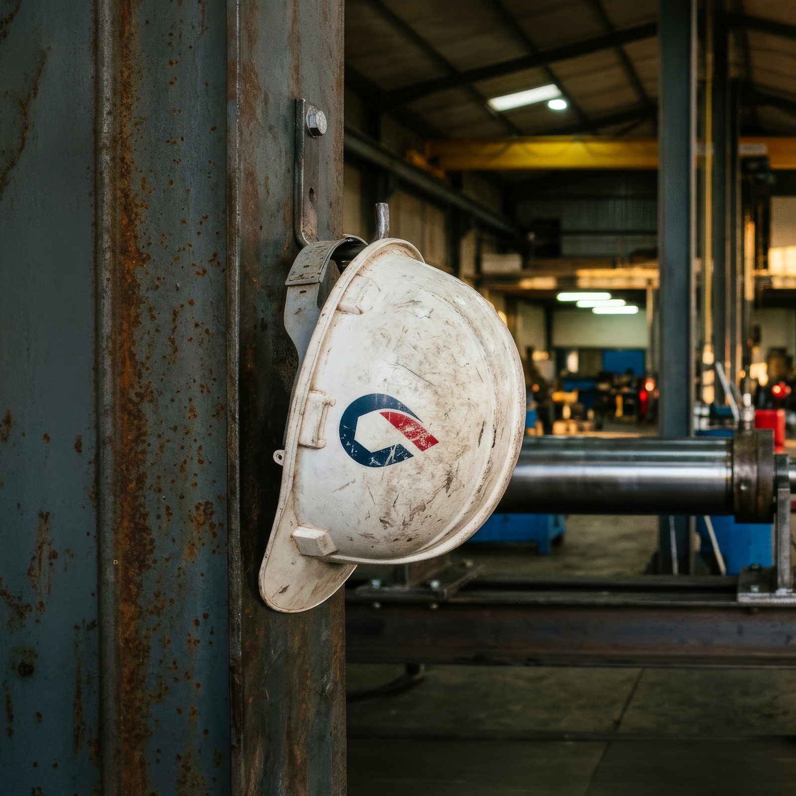 A worn Oiltech Systems hard hat hanging on a steel column in the workshop, a cylinder on the bench behind.