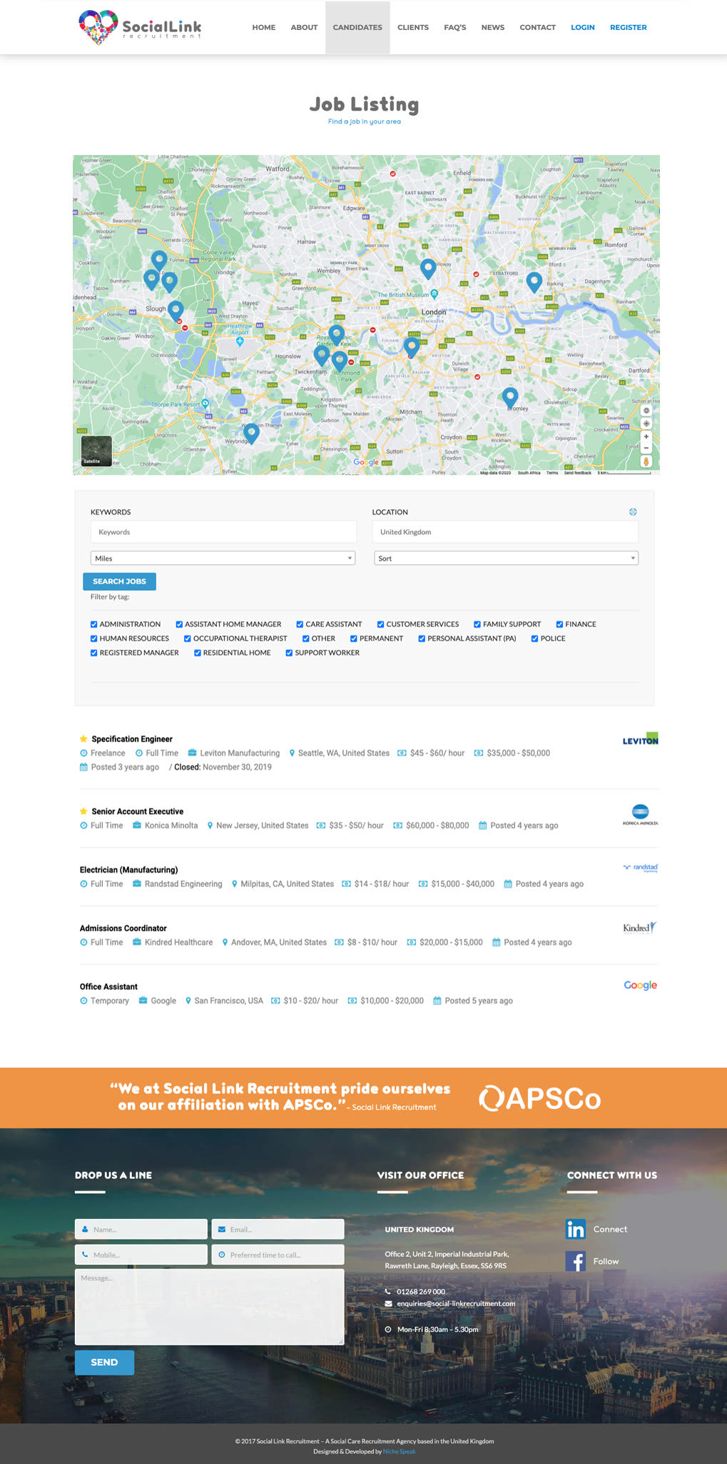 Job listing. UK map with role pins, filters, job cards.