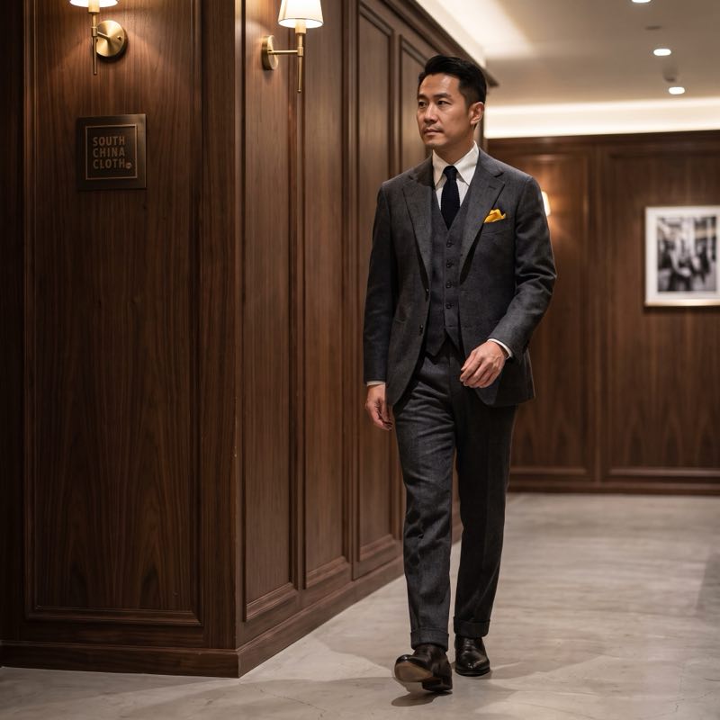 A man in a charcoal three-piece suit walking a walnut corridor, the boxed mark on a bronze plaque behind him.