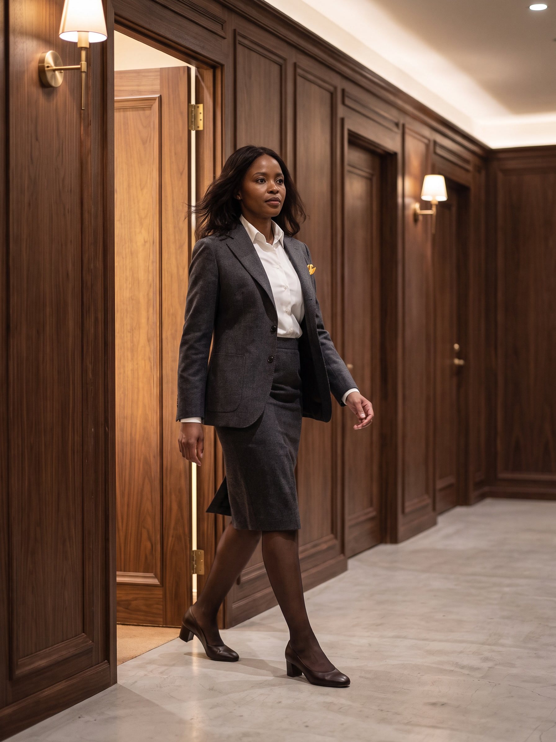 A woman in a tailored charcoal skirt suit striding out of a fitting room, a gold silk square in her breast pocket.