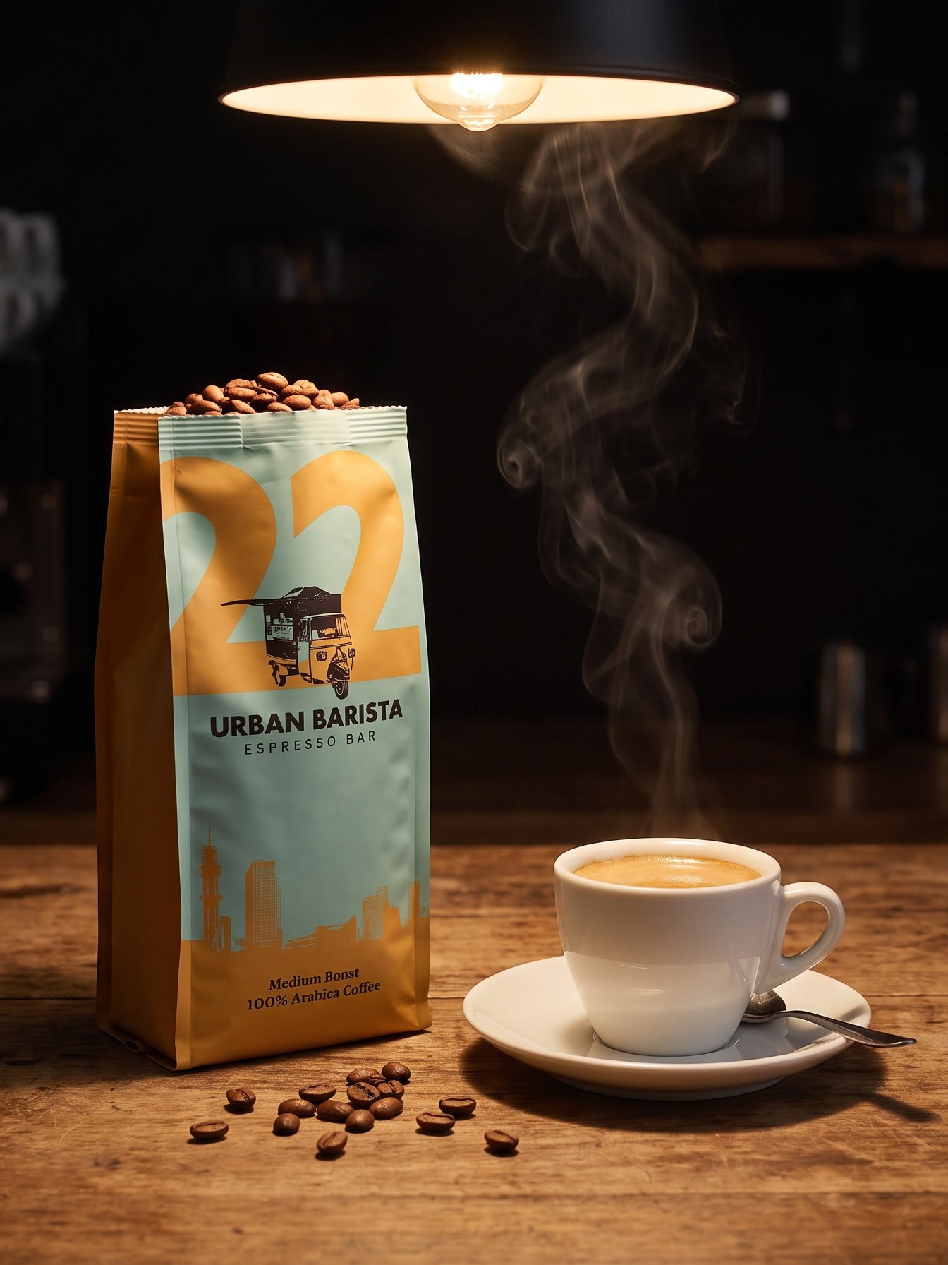 An Urban Barista coffee bag standing beside a freshly pulled espresso on a timber counter, both lit by a single pendant lamp.