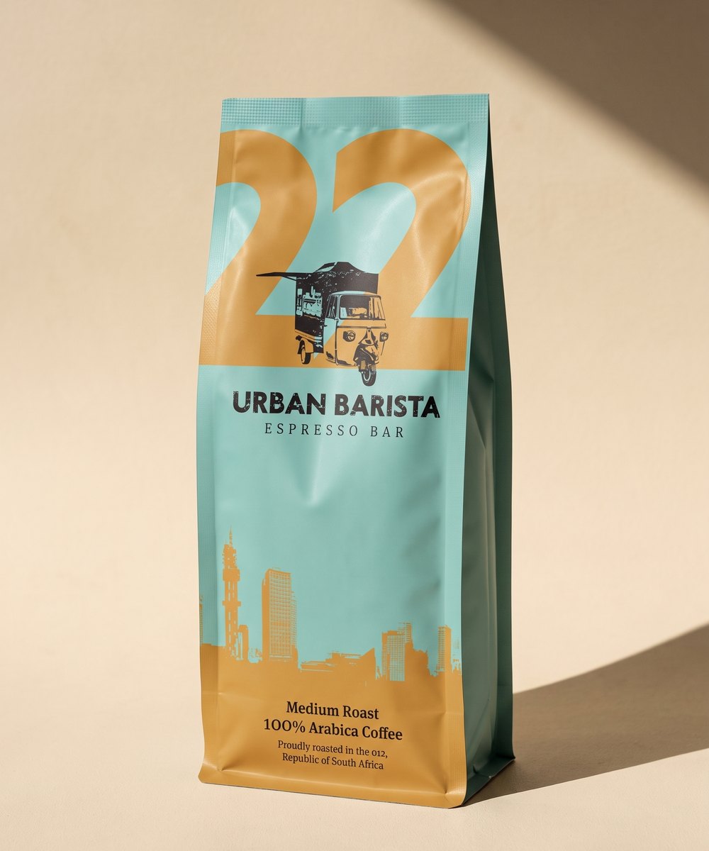 A single Urban Barista No. 22 bag in teal and ochre, the Pretoria skyline along the bottom.
