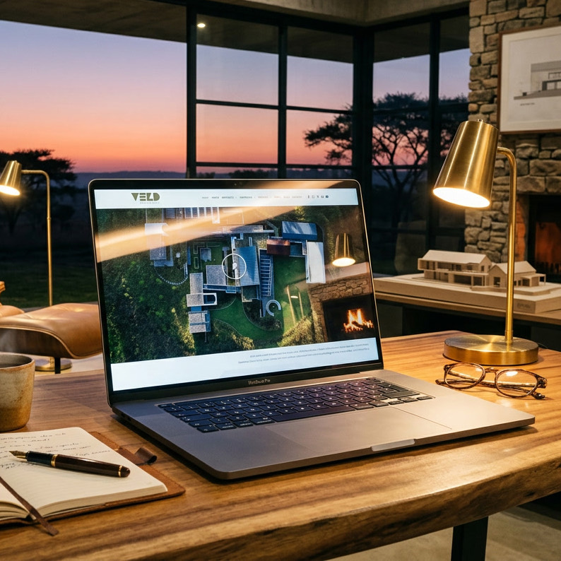 An architect's office at dusk with the Veld Architects site open on a laptop.