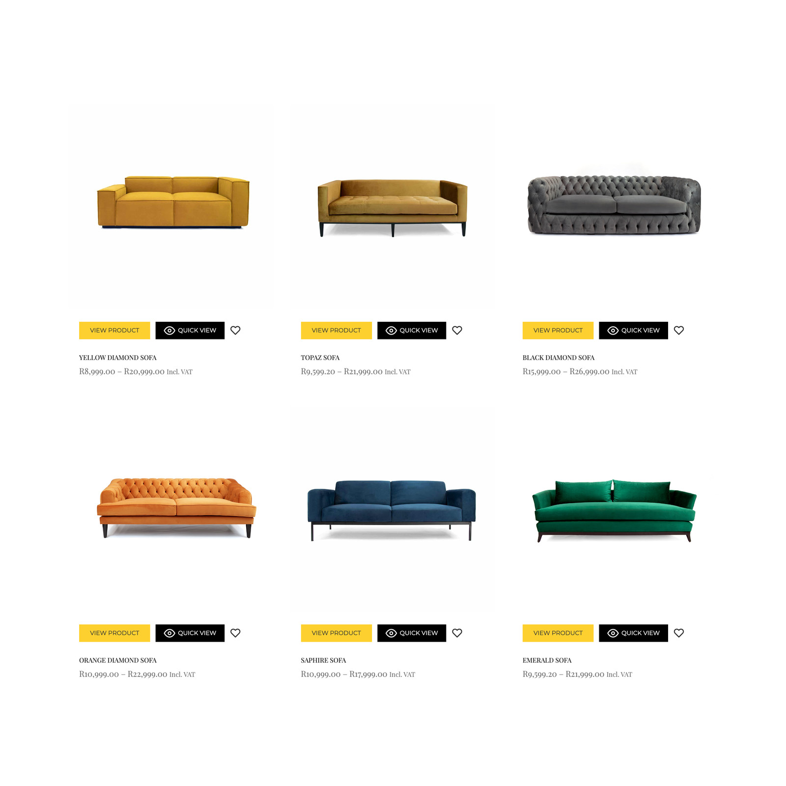 The YellowStone shop page: six sofas photographed on white in a three-across grid, each with View Product and Quick View buttons in yellow and a price beneath.