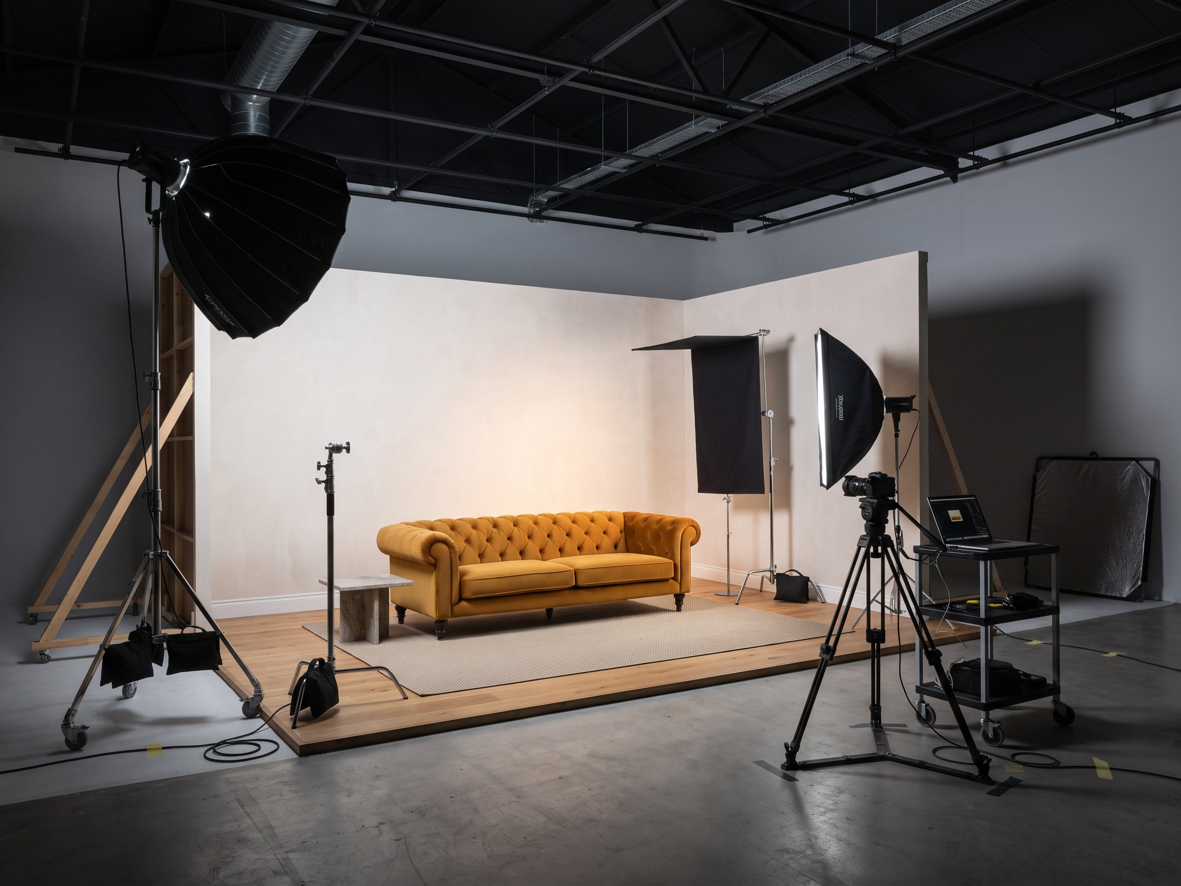 A room set built on a studio floor: two plaster walls and a section of oak flooring laid over bare concrete, an ochre buttoned sofa on a rug between them, lit by softboxes on stands with a camera on a tripod facing it.
