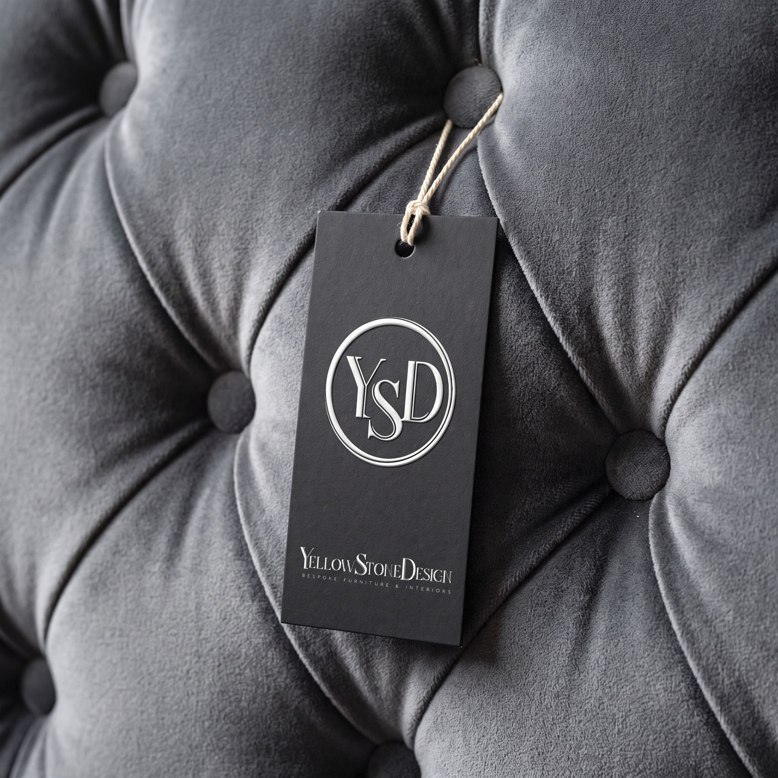 A black swing tag on a cotton string hanging against deep grey buttoned velvet, the YSD monogram embossed on it above the wordmark.